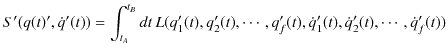 $\displaystyle S'(q(t)',\dot{q}'(t))=\int_{t_{A}}^{t_{B}}dt\,L(q'_{1}(t),q'_{2}(t),\cdots,q'_{f}(t),\dot{q}'_{1}(t),\dot{q}'_{2}(t),\cdots,\dot{q}'_{f}(t))$