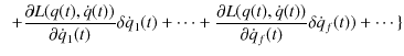 $\displaystyle \,\,\,+\dfrac{\partial L(q(t),\dot{q}(t))}{\partial\dot{q}_{1}(t)...
...tial L(q(t),\dot{q}(t))}{\partial\dot{q}_{f}(t)}\delta \dot{q}_{f}(t))+\cdots\}$