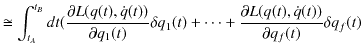 $\displaystyle \cong\int_{t_{A}}^{t_{B}}dt(\dfrac{\partial L(q(t),\dot{q}(t))}{\...
...t)+\cdots+\dfrac{\partial L(q(t),\dot{q}(t))}{\partial q_{f}(t)}\delta q_{f}(t)$