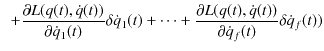 $\displaystyle \,\,\,+\dfrac{\partial L(q(t),\dot{q}(t))}{\partial\dot{q}_{1}(t)...
...dfrac{\partial L(q(t),\dot{q}(t))}{\partial\dot{q}_{f}(t)}\delta\dot{q}_{f}(t))$