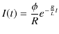 $\displaystyle I(t)=\dfrac{\phi}{R}e^{-\frac{R}{L}t}$