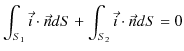 $\displaystyle \int_{S_{1}}\vec{i}\cdot\vec{n}dS+\int_{S_{2}}\vec{i}\cdot\vec{n}dS=0$