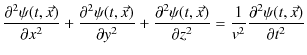 $\displaystyle \dfrac{\partial^{2}\psi(t,\vec{x})}{\partial x^{2}}+\dfrac{\parti...
...tial z^{2}}=\dfrac{1}{v^{2}}\dfrac{\partial^{2}\psi(t,\vec{x})}{\partial t^{2}}$