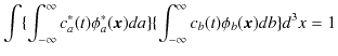 $\displaystyle \int\{\int_{-\infty}^{\infty}c_{a}^{*}(t)\phi_{a}^{*}(\bm{x})da\}\{\int_{-\infty}^{\infty}c_{b}(t)\phi_{b}(\bm{x})db\}d^{3}x=1$