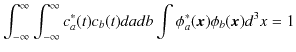 $\displaystyle \int_{-\infty}^{\infty}\int_{-\infty}^{\infty}c_{a}^{*}(t)c_{b}(t)dadb\int\phi_{a}^{*}(\bm{x})\phi_{b}(\bm{x})d^{3}x=1$