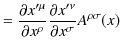 $\displaystyle =\dfrac{\partial x'^{\mu}}{\partial x^{\rho}}\dfrac{\partial x'^{\nu}}{\partial x^{\sigma}}A^{\rho\sigma}(x)$