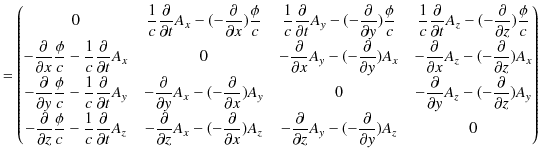 $\displaystyle =
 \begin{pmatrix}
 0 & \dfrac{1}{c}\dfrac{\partial}{\partial t}A...
...rtial}{\partial z}A_{y}-(-\dfrac{\partial}{\partial y})A_{z} & 0
 \end{pmatrix}$