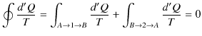 $\displaystyle \oint\dfrac{d'Q}{T}=\int_{A\to1\to B}\dfrac{d'Q}{T}+\int_{B\to2\to A}\dfrac{d'Q}{T}=0$