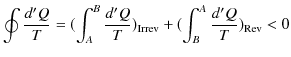 $\displaystyle \oint\dfrac{d'Q}{T}=(\int_{A}^{B}\dfrac{d'Q}{T})_{\text{Irrev}}+(\int_{B}^{A}\dfrac{d'Q}{T})_{\text{Rev}}<0$